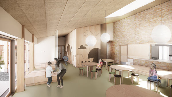 Illustration af fællesrum med høft til loftet og børn, der leger.